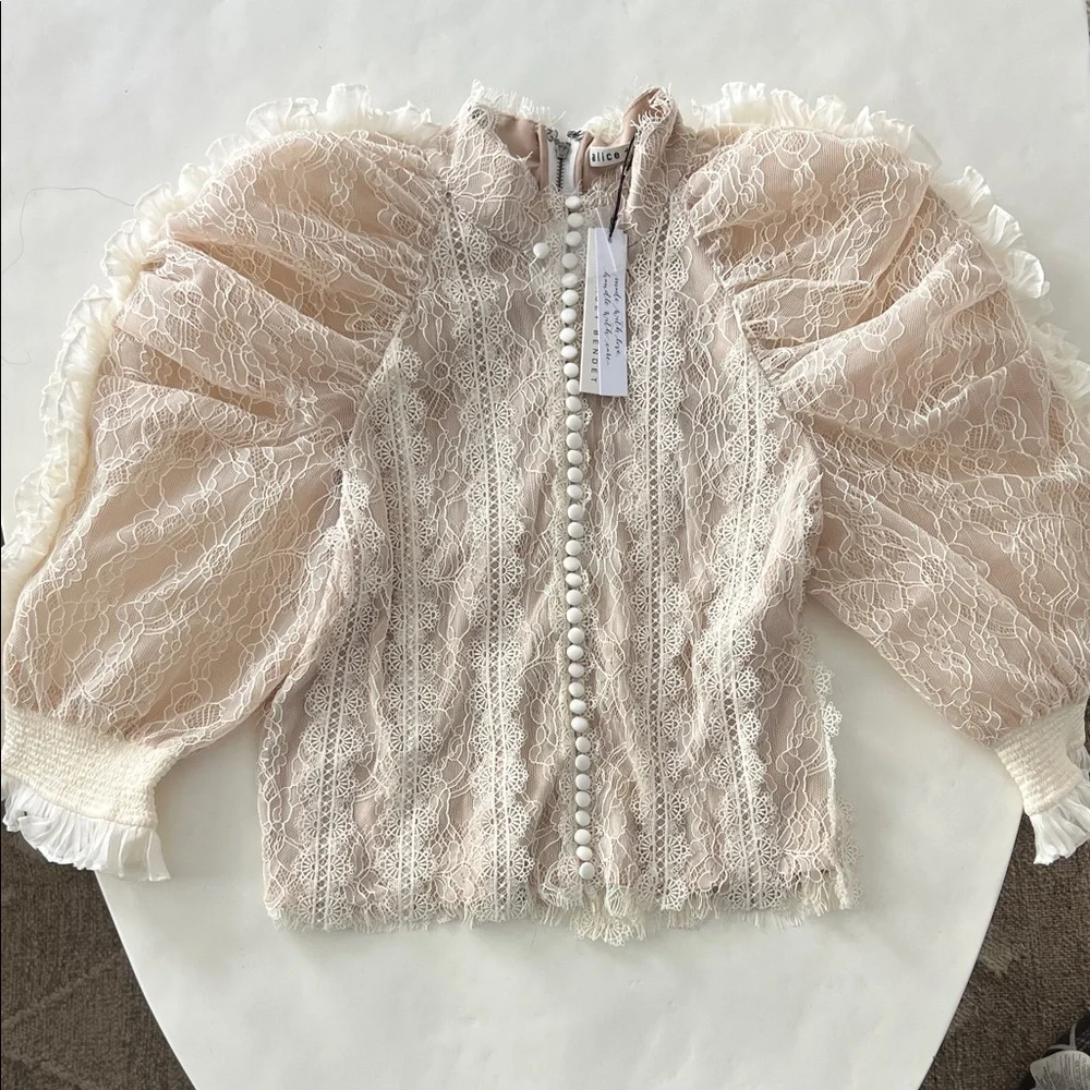 NWT Alice + Olivia Brenna Lace Ruffle High Neck Victorian Style Blouse 8/M $595 - Picture 2 of 8